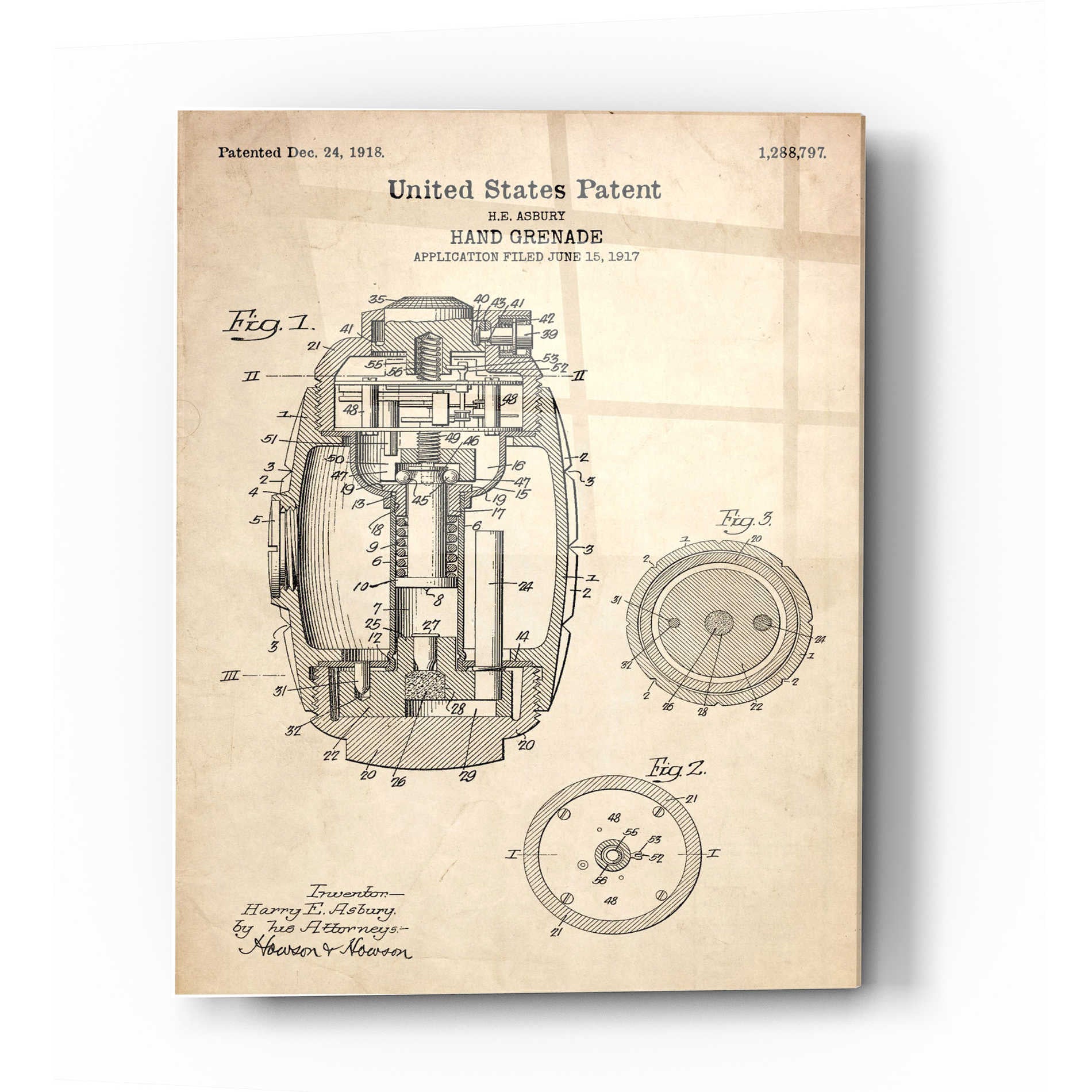 Epic Art 'Hand Grenade Blueprint Patent Parchment' Acrylic Glass Wall Art